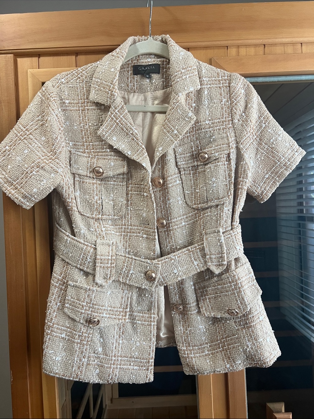 Gracia Beige Tweed Short-Sleeve Belted Blazer